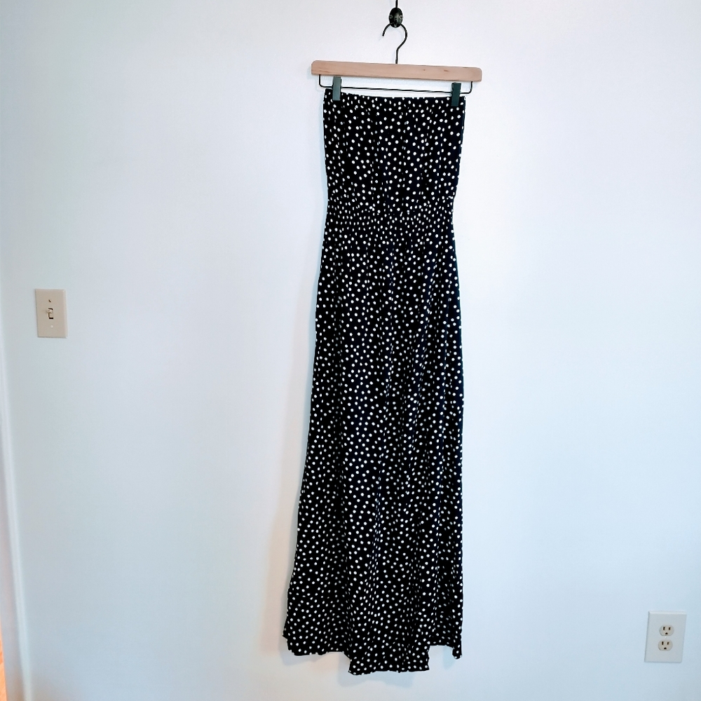 Gap strapless maxi dress in navy blue with white polkadot size xs
